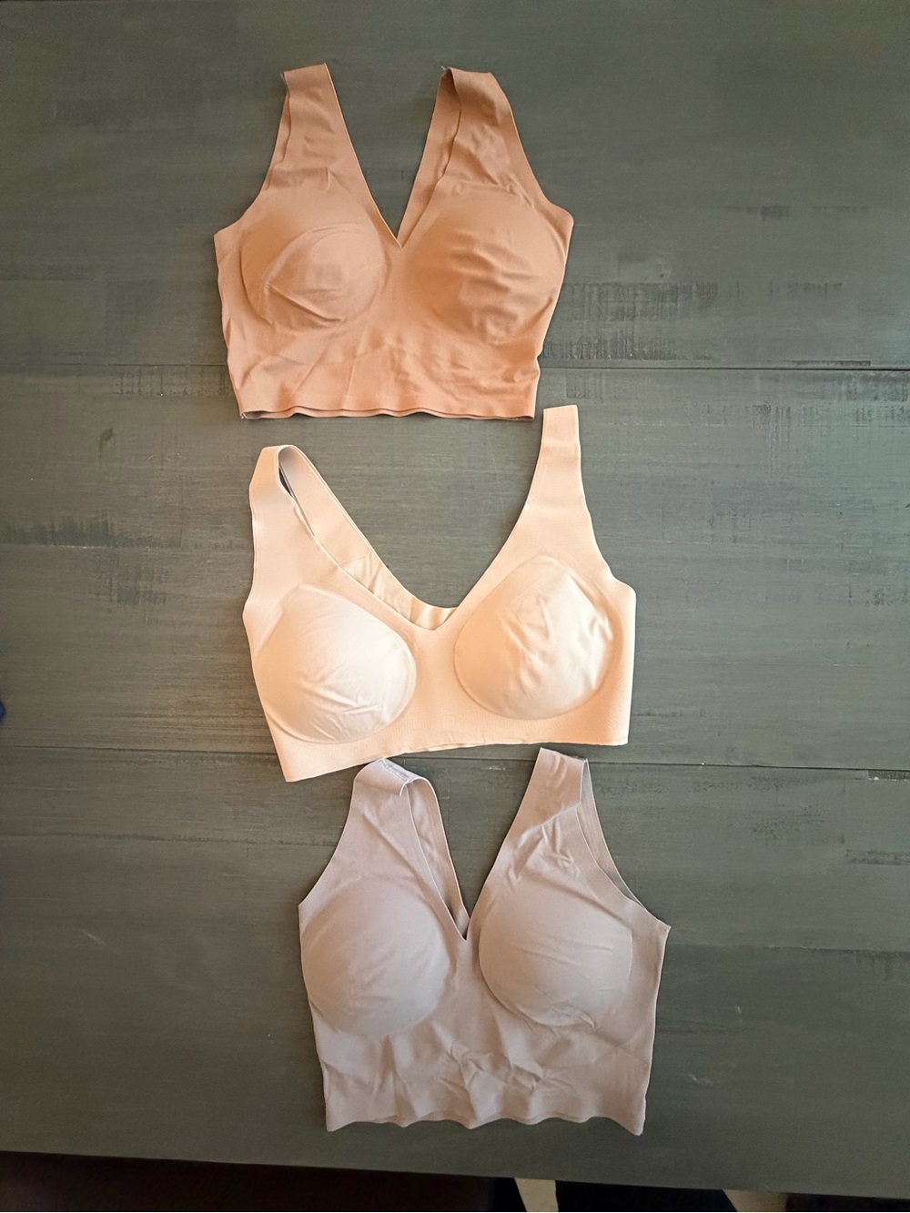 True & Co./Uniqlo Seamless Wireless Bralette Set in Nude, Light Pink, and Taupe